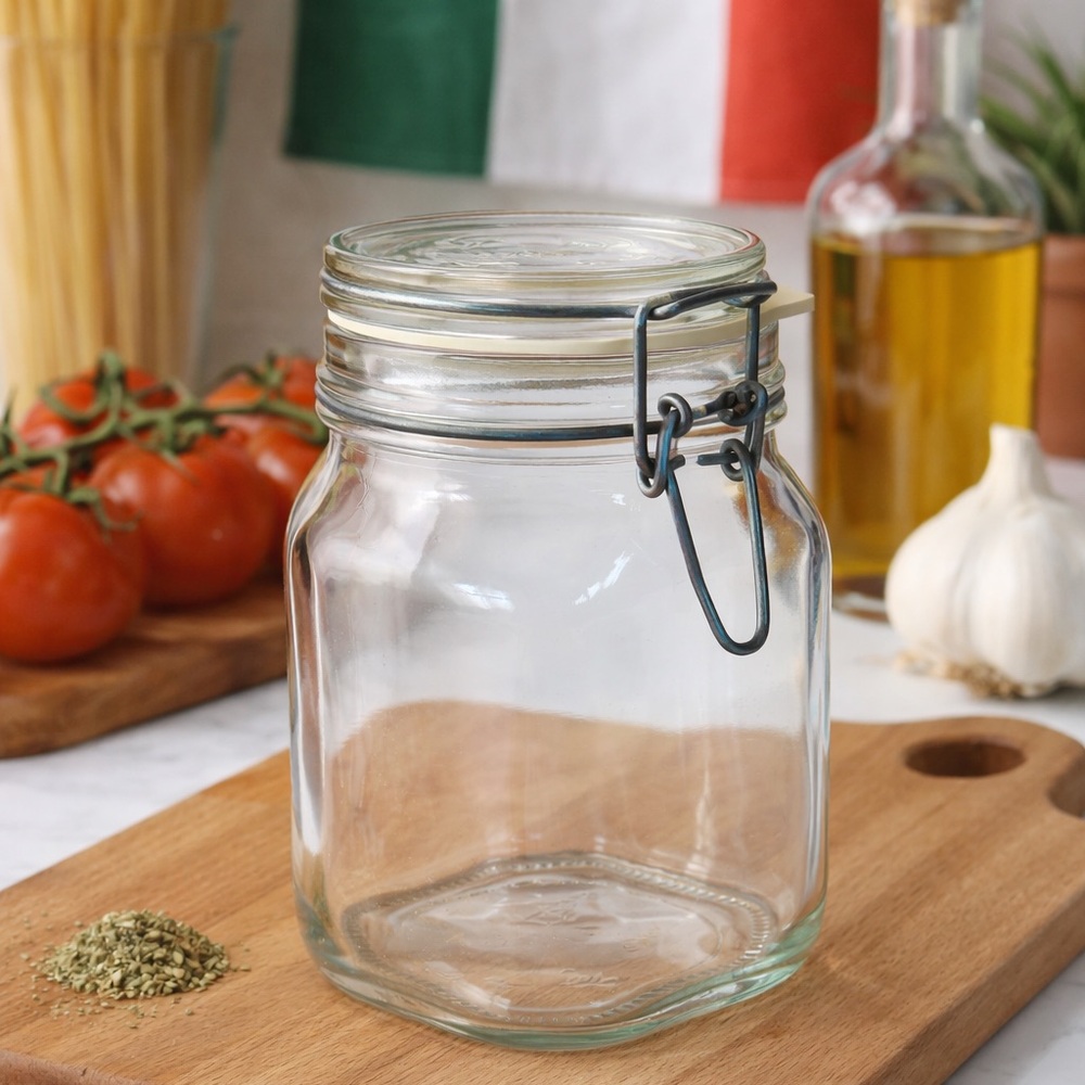 Vintage Bormioli Rocco Fido Glass Clamp Lid Jar 1L Clear Italian Canister